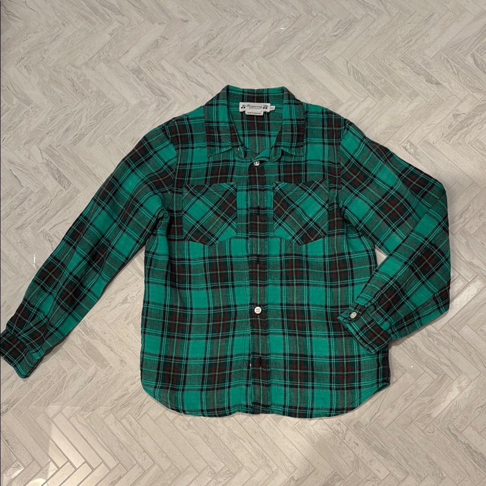 Bonpoint Linen Green Plaid Button down Shirt, size 8